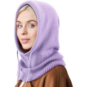 Women Scarf Hat Balaclava Beanie Skull Cap with Drawstring Warm Hat Purple